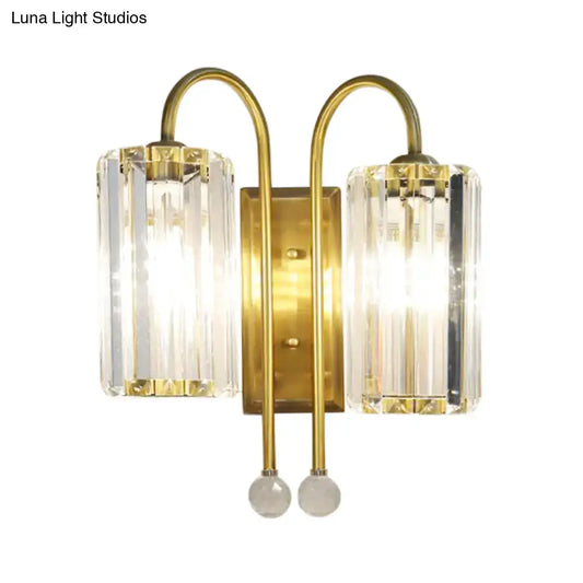 Vintage Gold Metal Gooseneck Wall Light with Clear Crystal Shade - Cylindrical 1/2-Bulb Wall Sconce - Tampa Home & Garden Store