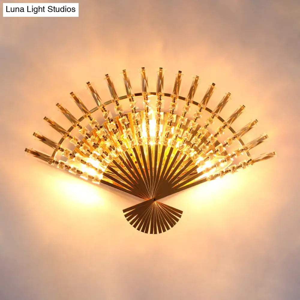 Vintage golden fan sconce lamp with crystal prisms, living room wall light on Tampa Home & Garden Store
