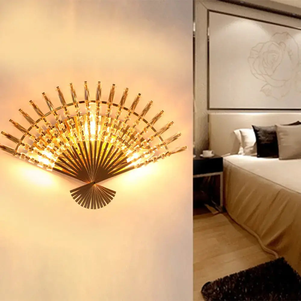 Vintage golden crystal fan sconce lamp on living room wall on Tampa Home & Garden Store