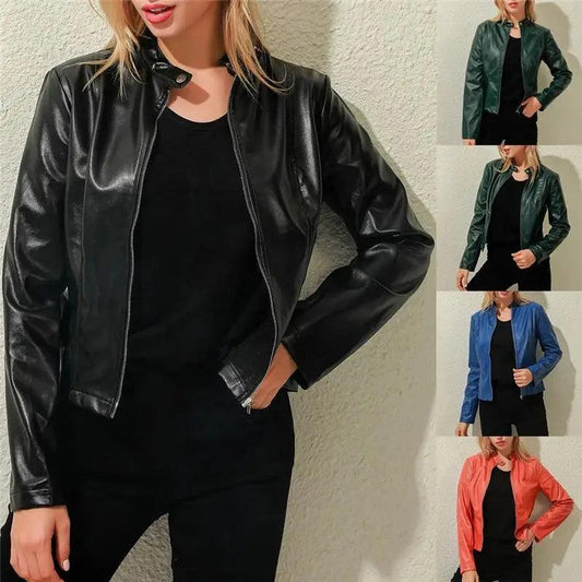 Stevvex women's PU leather moto jacket set in 5 colors; slim vintage biker outerwear on Tampa Home & Garden Store