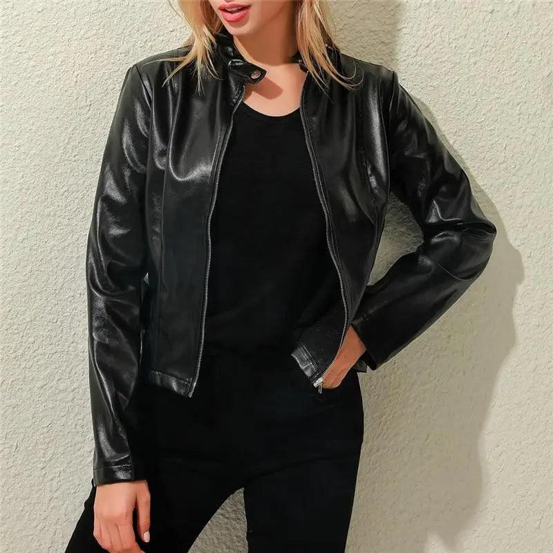 Vintage Style Autumn Ladies PU Leather Jacket, black faux leather biker moto style by Stevvex on Tampa Home & Garden Store