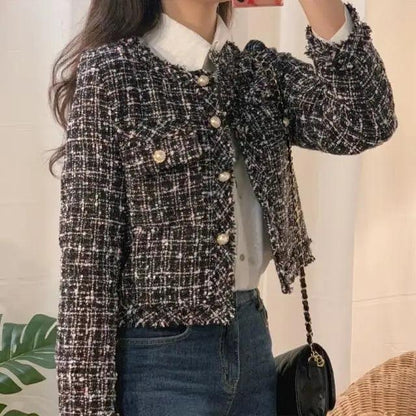 Stevvex vintage tweed jacket for women, black-white plaid, gold buttons, cropped length on Tampa Home & Garden Store