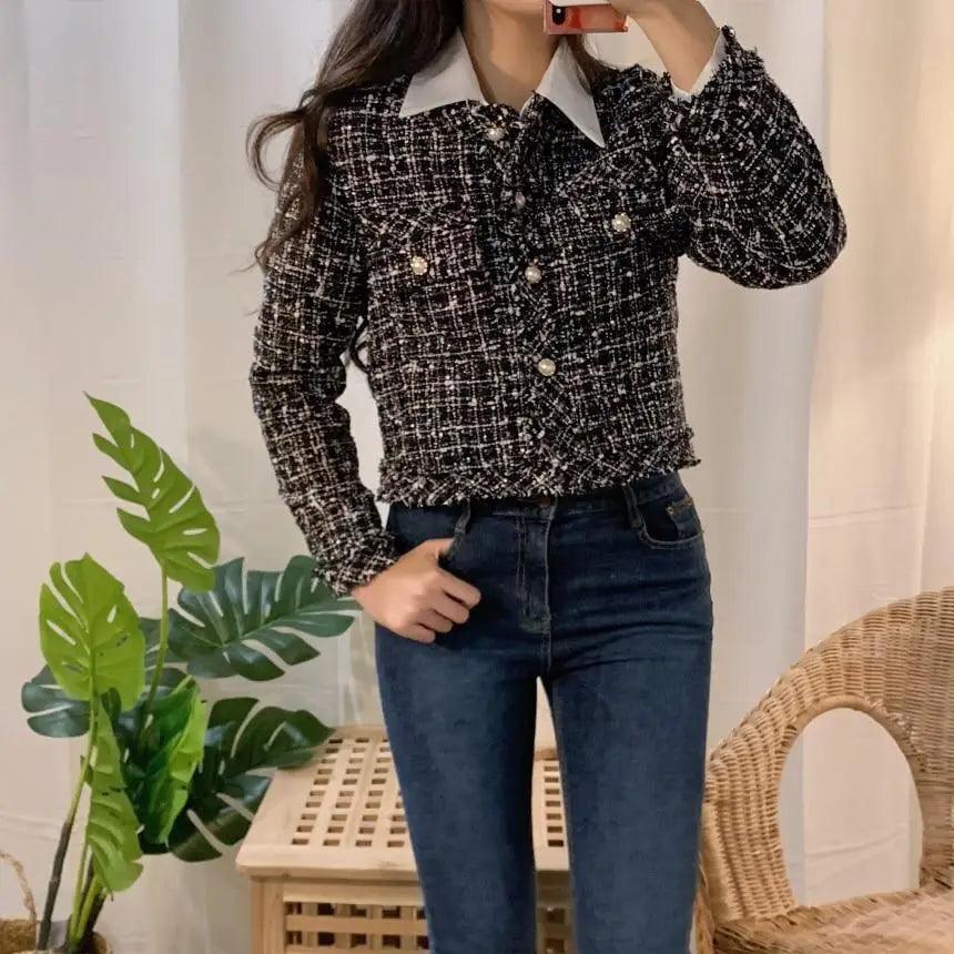 Vintage style tweed jacket for women with white collar and pearl buttons on Tampa Home & Garden Store
