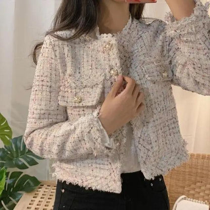 Vintage tweed jacket for women cream textured fabric with fringe trim O-neck on Tampa Home & Garden Store