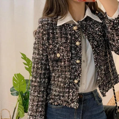 Vintage tweed jacket for women with pearl buttons, textured tweed, long sleeves Stevvex on Tampa Home & Garden Store