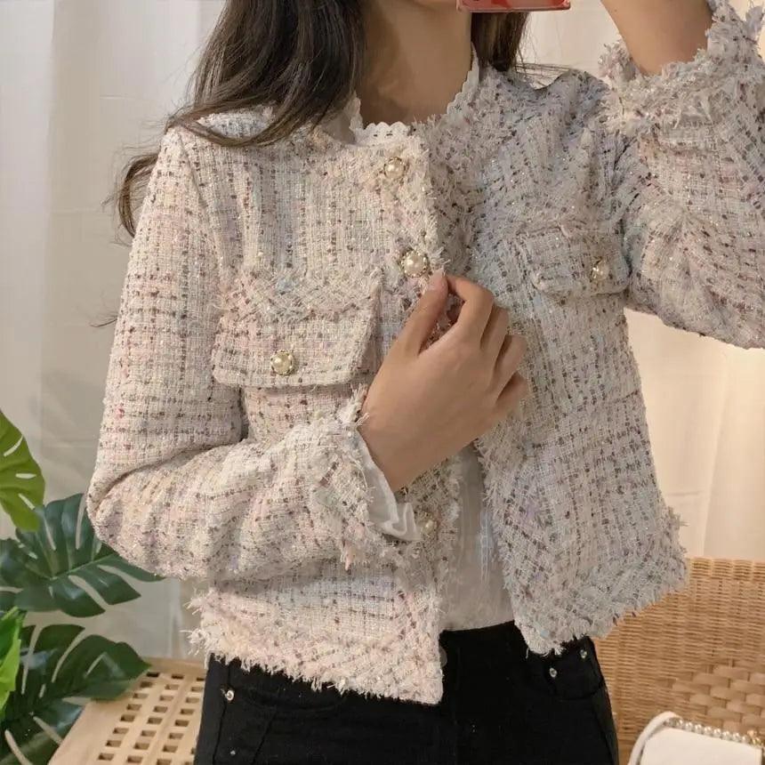 Stevvex vintage tweed coat for women, cream frayed tweed with pearl buttons on Tampa Home & Garden Store