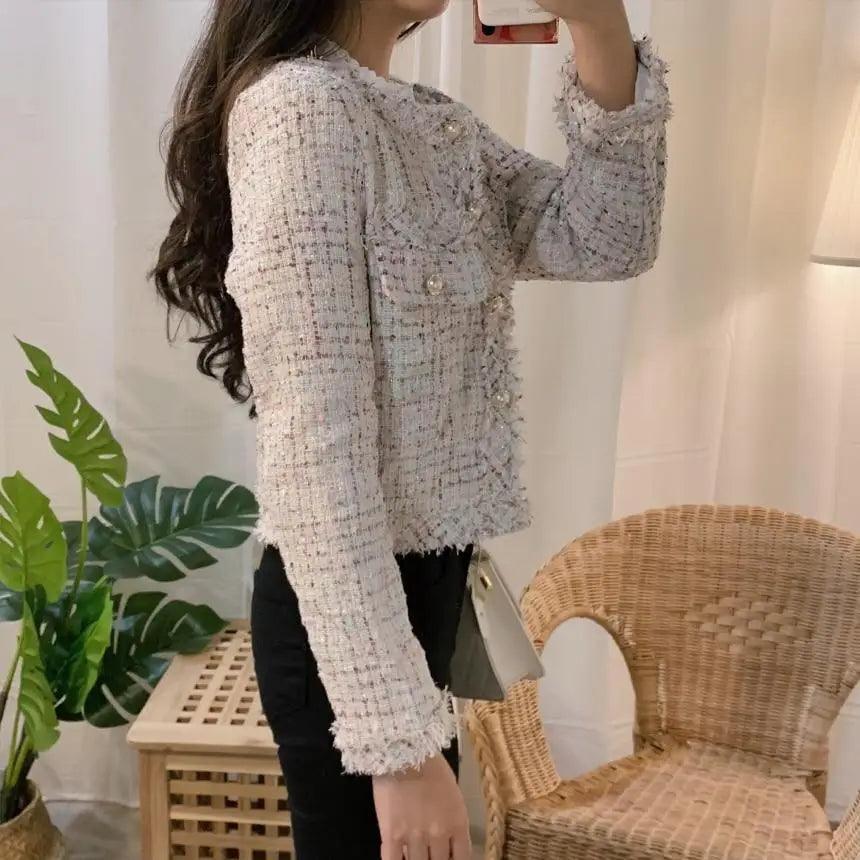 Women's tweed jacket cream fringe trim o-neck long sleeve single breasted outwear on Tampa Home & Garden Store