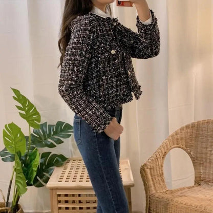 Stevvex tweed jacket for women black/white O-neck long sleeves single-breasted coat on Tampa Home & Garden Store