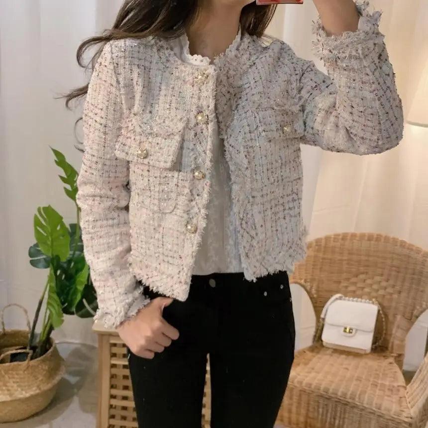 Stevvex cream tweed jacket with gold buttons and front pockets women's long sleeve coat on Tampa Home & Garden Store