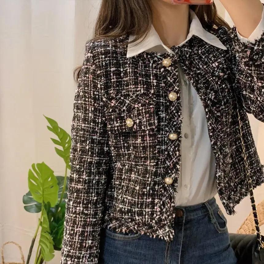 Vintage tweed jacket for women, black and white boucle wool coat with pearl buttons on Tampa Home & Garden Store