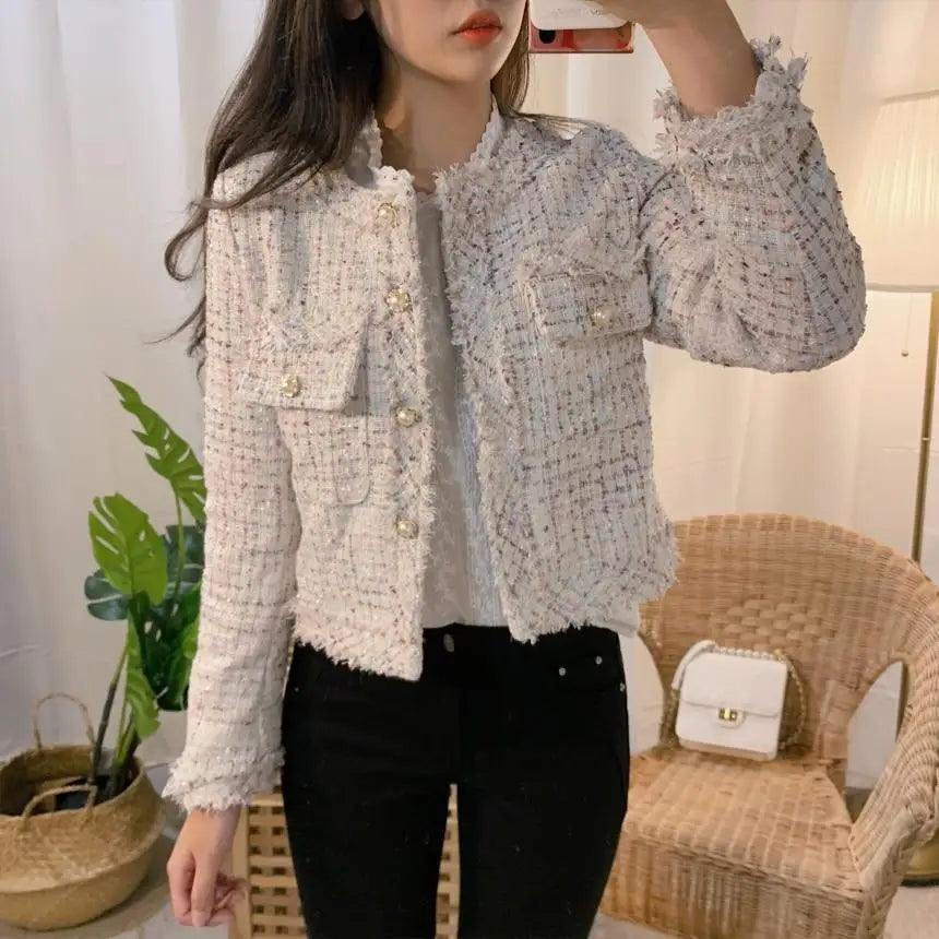 Stevvex vintage tweed jacket, cream wool blend with fringe trim, cropped O-neck, gold buttons on Tampa Home & Garden Store