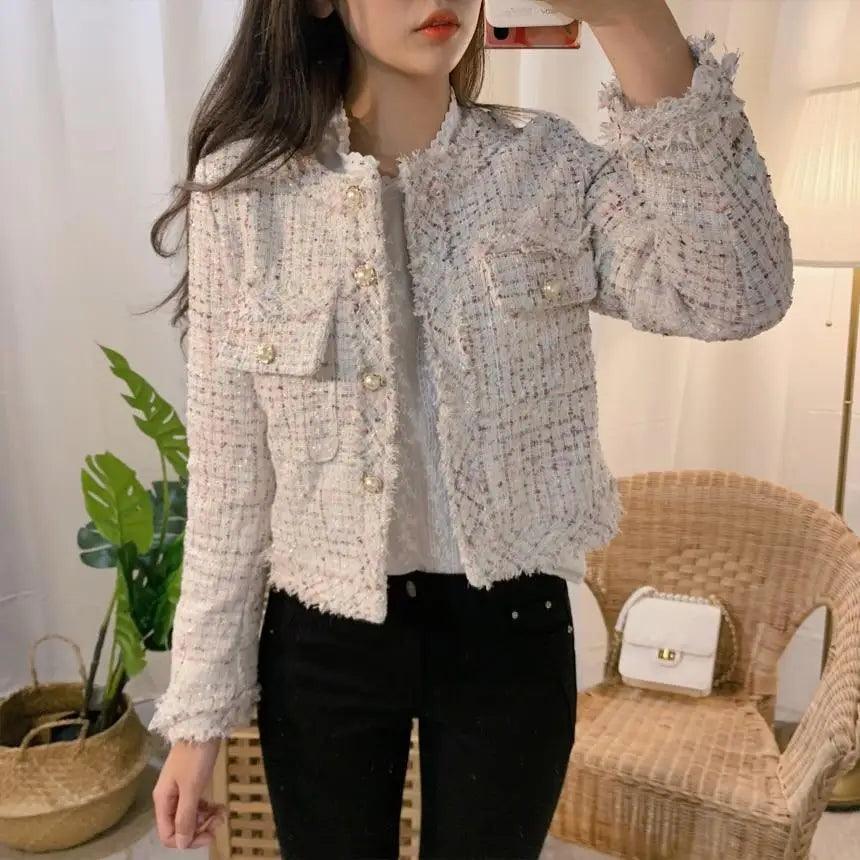 Vintage-style cream tweed jacket for women with fringe, long sleeves, gold buttons on Tampa Home & Garden Store