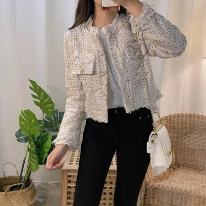 Stevvex cream tweed jacket for women, cropped fringe hems, long sleeves, single breasted on Tampa Home & Garden Store