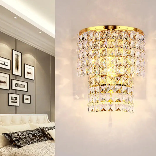 Vintage Style Crystal Wall Sconce with Double Layers & Chrome/Gold Finish - 1 Light, Square Shape (7"/10" W) - Tampa Home & Garden Store