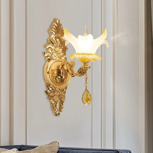 Vintage Style Petal Wall Sconce – Opal Glass 1/2-Bulb Gold Wall Light with Crystal Teardrop Deco - Tampa Home & Garden Store