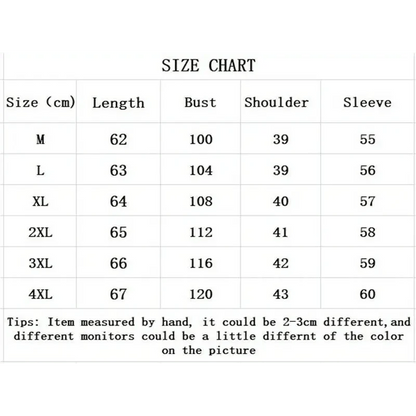 Stevvex windbreaker size chart with length, bust, shoulder, sleeve measurements on Tampa Home & Garden Store