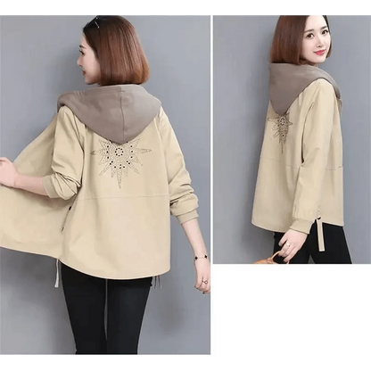 Beige women's hooded windbreaker with starburst back embroidery; sleeves, Stevvex plus size on Tampa Home & Garden Store