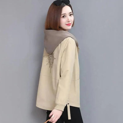 Stevvex beige hooded windbreaker jacket with zip pockets and back star embroidery on Tampa Home & Garden Store