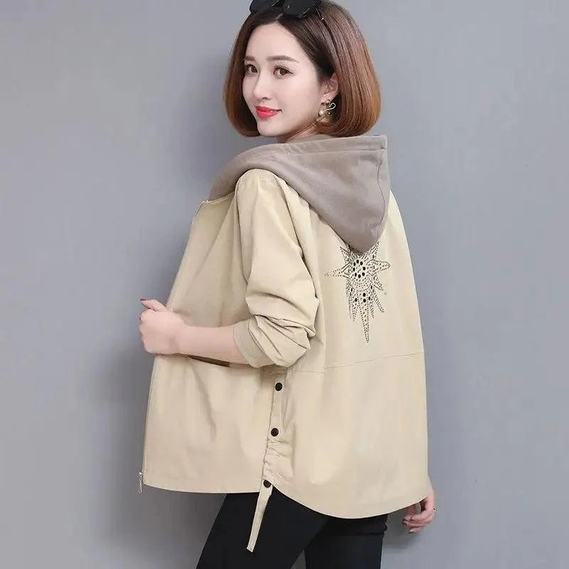 Stevvex beige hooded windbreaker jacket with gray hood and starburst back embroidery on Tampa Home & Garden Store