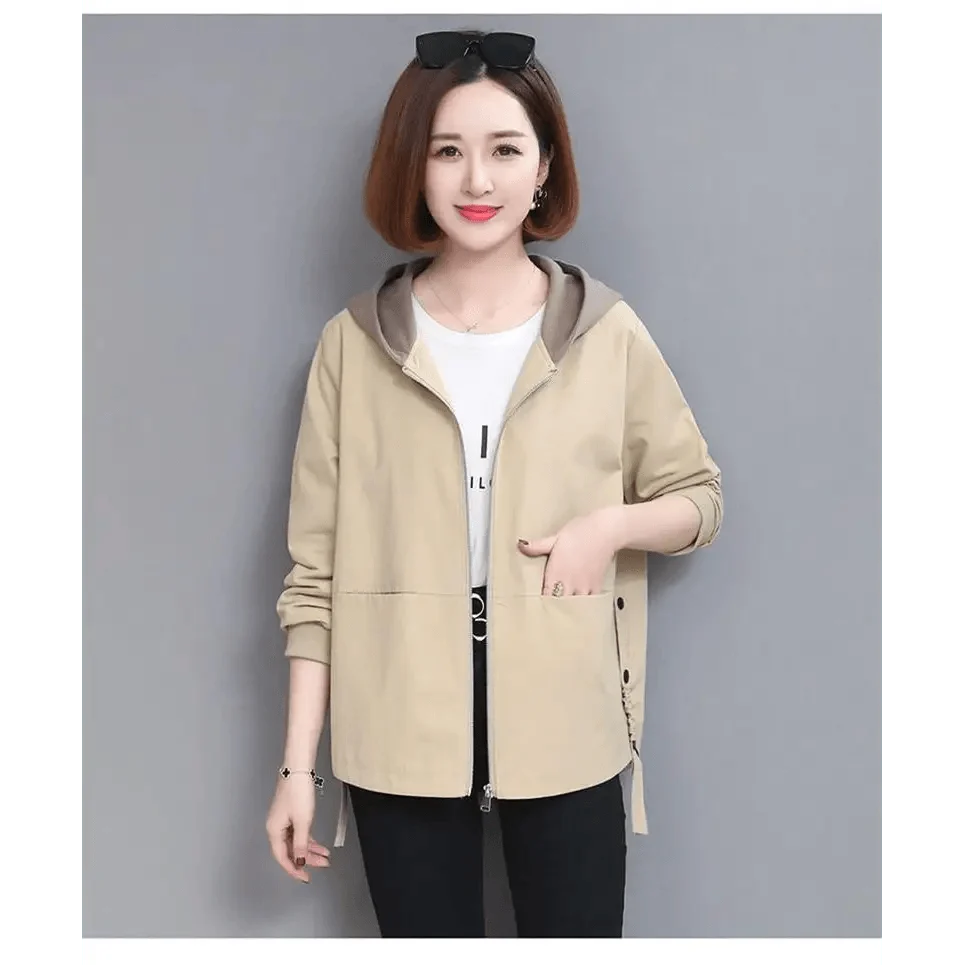 Vintage Style Women's Hooded Windbreaker by Stevvex in beige with front zip pockets on Tampa Home & Garden Store