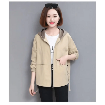 Vintage Style Women's Hooded Windbreaker by Stevvex in beige with front zip pockets on Tampa Home & Garden Store