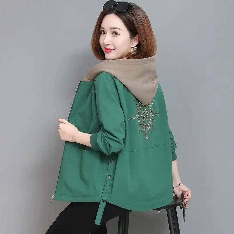 Stevvex green hooded windbreaker with beige hood, starburst embroidery, zip pockets, loose fit on Tampa Home & Garden Store