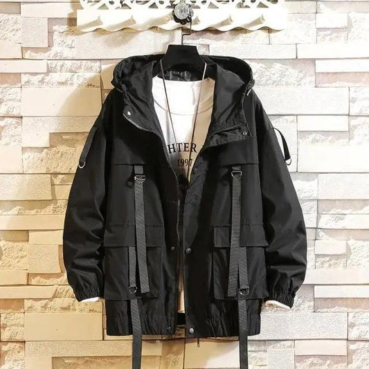 Stevvex vintage style women's hooded windbreaker black with pockets and waist drawstrings on Tampa Home & Garden Store