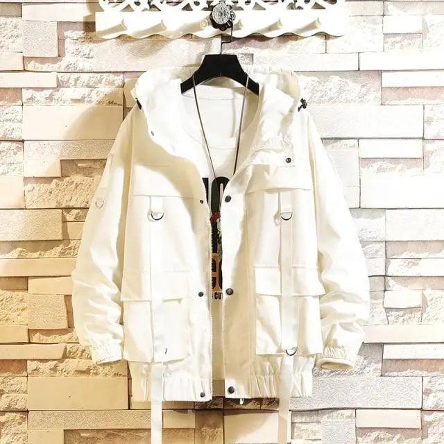 Stevvex white hooded windbreaker jacket with cargo pockets and front zipper on Tampa Home & Garden Store