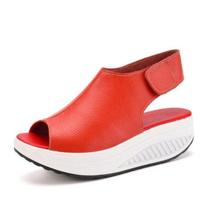 Stevvex women's red leather platform sandals with open toe and white wedge sole on Tampa Home & Garden Store