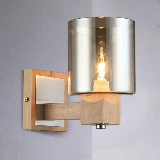 Vintage 1-Light Wall Mount Lamp with Smoke Glass Shade - Natural Wood Cylindrical Sconce Fixture - Tampa Home & Garden Store