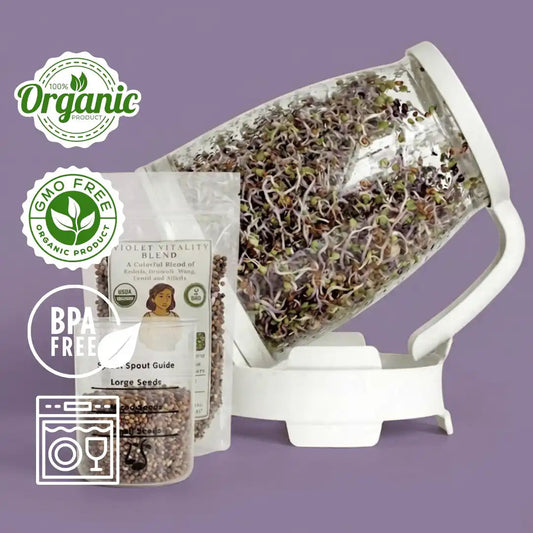 Kit de inicio Sprout Spout Violet Vitality Blend: Sprout Spout + 4 oz o 1 lb de semillas + Sprout Scoop gratis