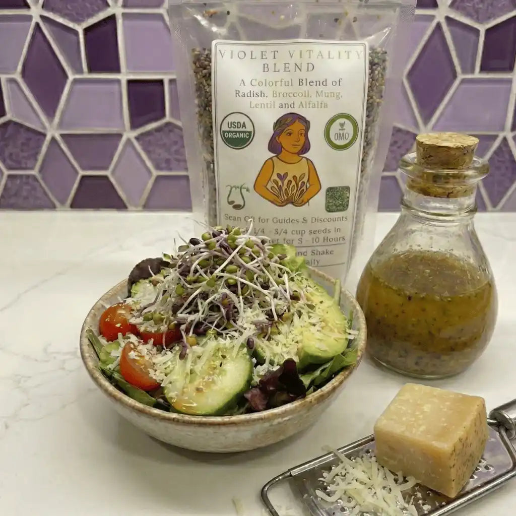 Sprout Spout Violet Vitality Blend Starter Kit: Sprout Spout + 4oz or 1lb seeds + Free Sprout Scoop