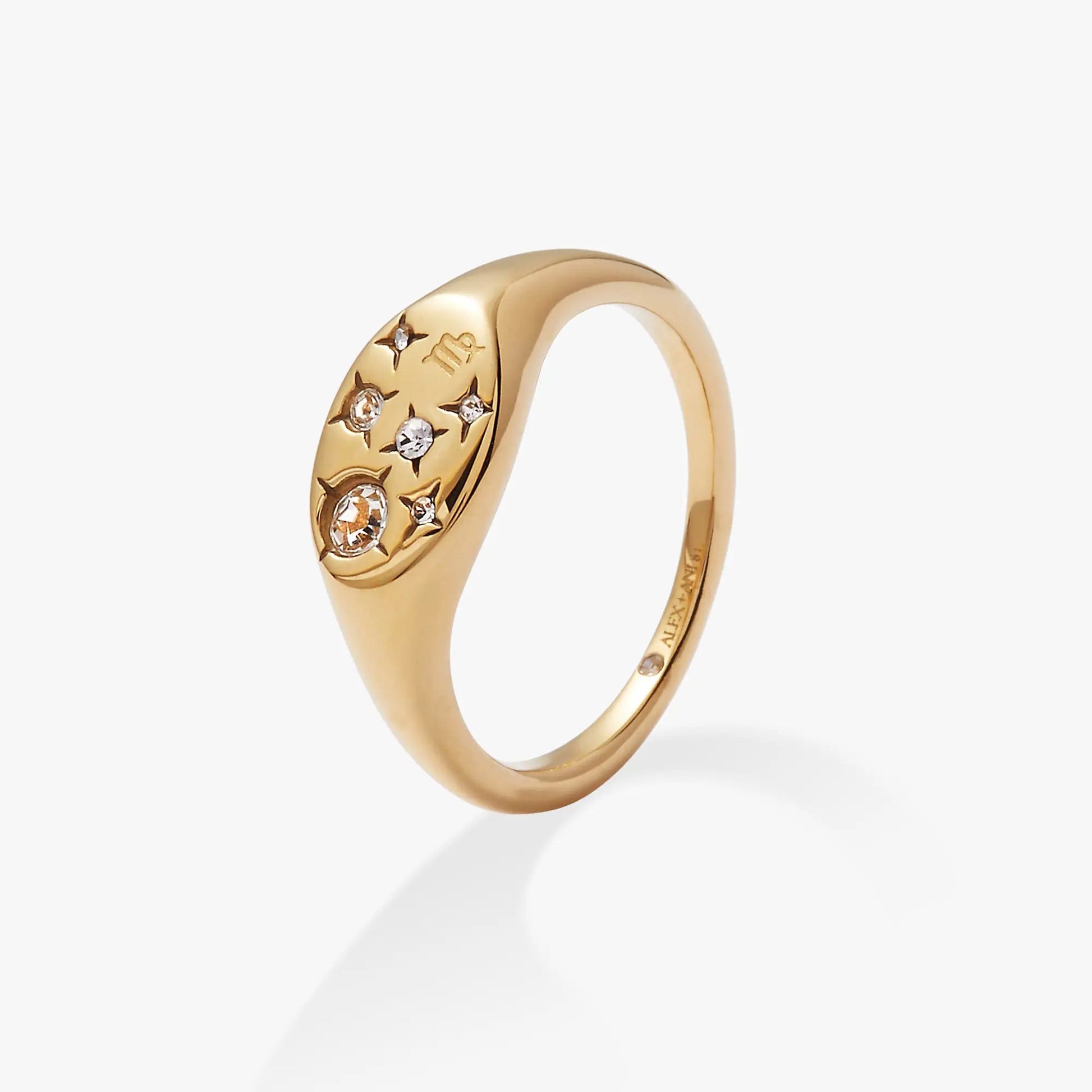 Virgo Zodiac Ring by Alex and Ani, gold-tone band with zodiac symbols and crystal accents on Tampa Home & Garden Store