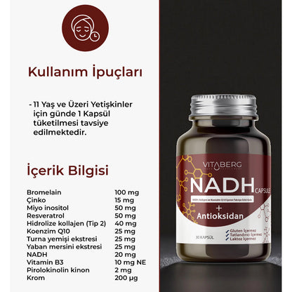 Vitaberg NADH antioxidant supplement amber bottle with CoQ10 & Resveratrol, 30 capsules on Tampa Home & Garden Store