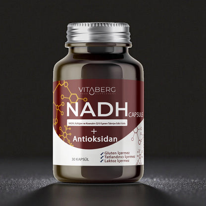 Vitaberg NADH Antioxidant+ capsule bottle with maroon label, silver cap, 30 capsules on Tampa Home & Garden Store