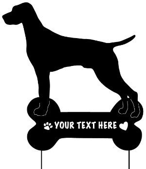 Vizsla garden stake by Rustica Ornamentals, black metal lawn ornament with bone-shaped text plaque on Tampa Home & Garden Store