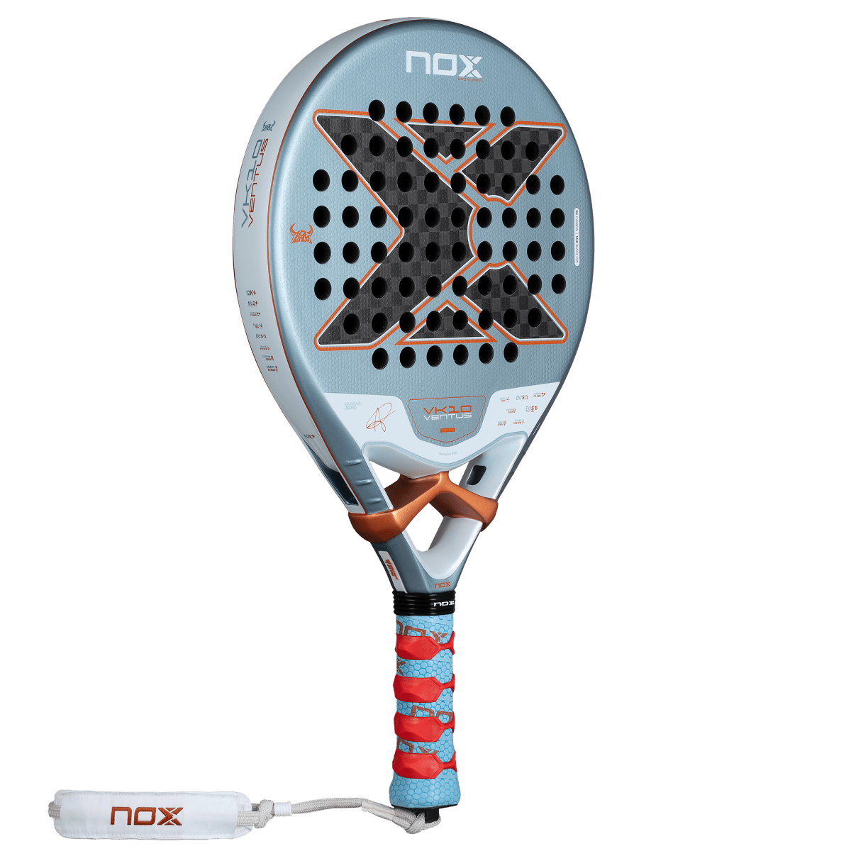 NOX VK Ventus Control 12K padel racket in light blue with orange grip and perforated face on Tampa Home & Garden Store