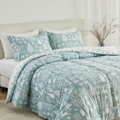 Reversible Christmas Comforter and Sham Set teal woodland print with 2 shams on bed on Tampa Home & Garden Store