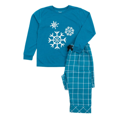 Pijama infantil con parte superior de poliéster y pantalón de franela, diseño de copo de nieve.