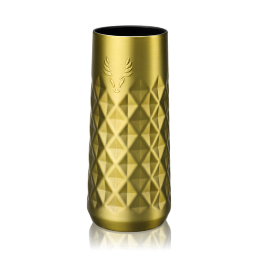 Paragon stainless steel champagne flute in gold by Viski, close-up of the gold faceted exterior on Tampa Home & Garden Store