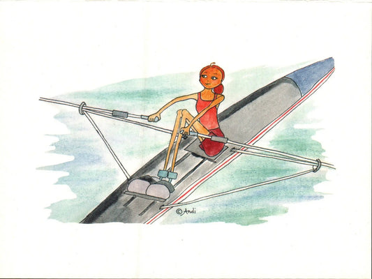 Andi's Rower Girl Birthday Greeting Card red swimsuit rower on gray boat with oars on Tampa Home & Garden Store