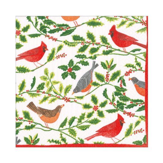 Serviettes de table blanches à motifs d'oiseaux chanteurs et de houx - Paquet de 20