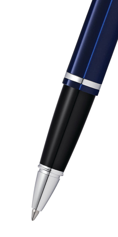 Calais Chrome & Blue Lacquer Rollerball Pen by A.T. Cross, blue lacquer body with chrome accents on Tampa Home & Garden Store