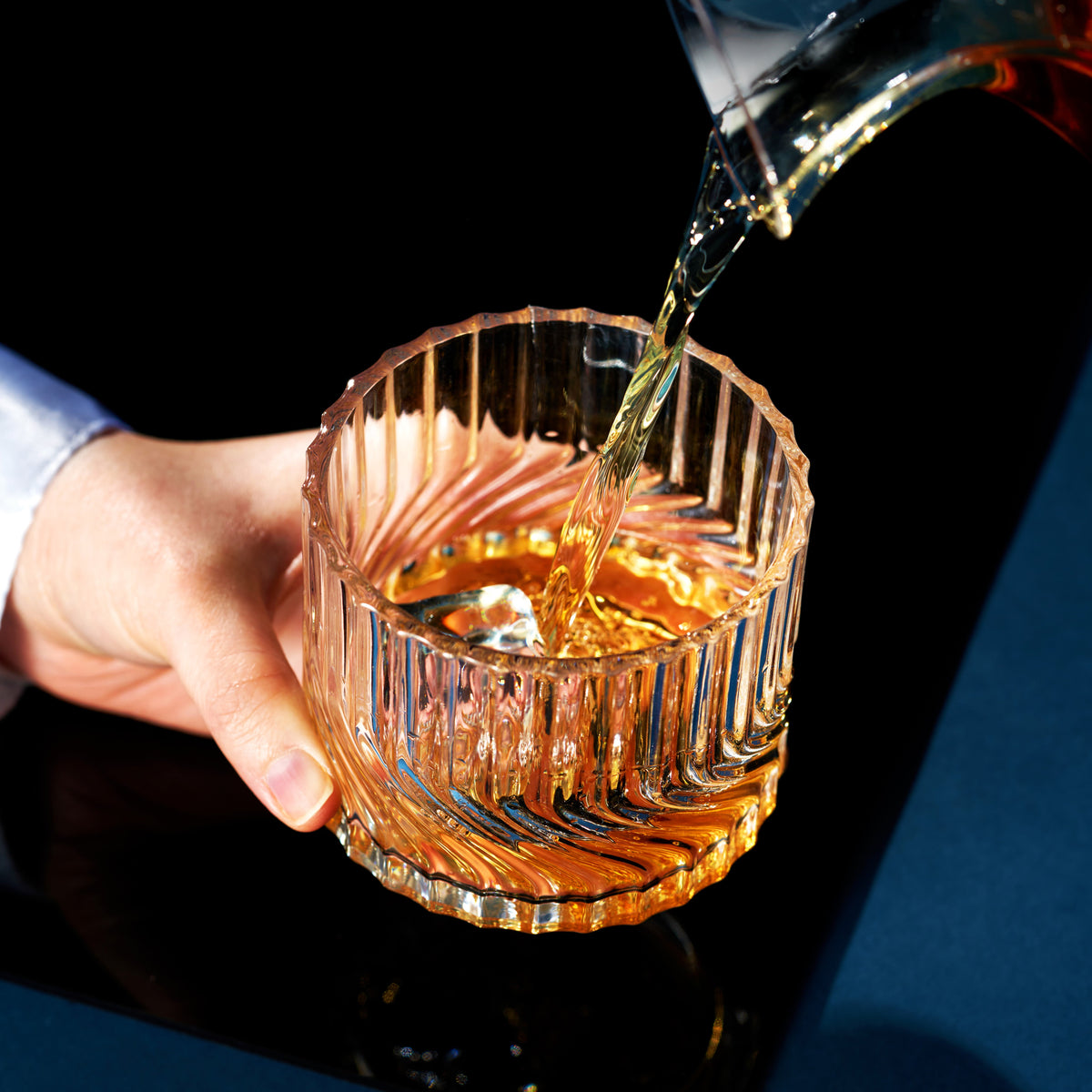 Viski Zephyr Crystal Lowball Tumblers, 2pc; hand pours amber into faceted crystal glasses on Tampa Home & Garden Store