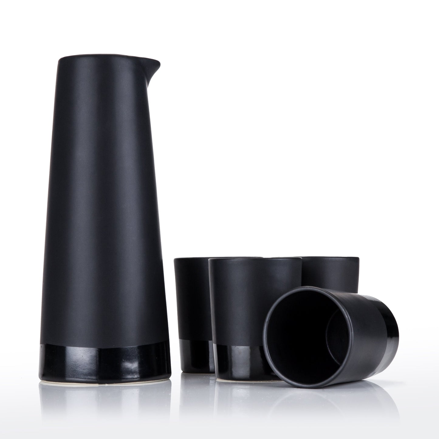 Four Black Stoneware Sake Tumblers and Carafe
