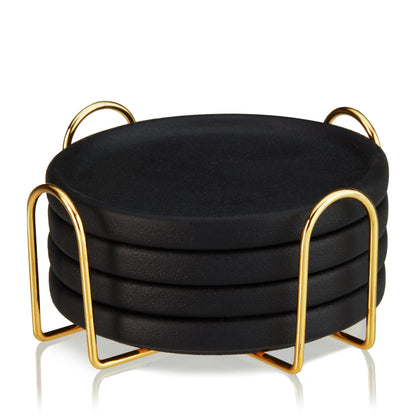Black Earthenware Coasters with Gold Stand Set of 4