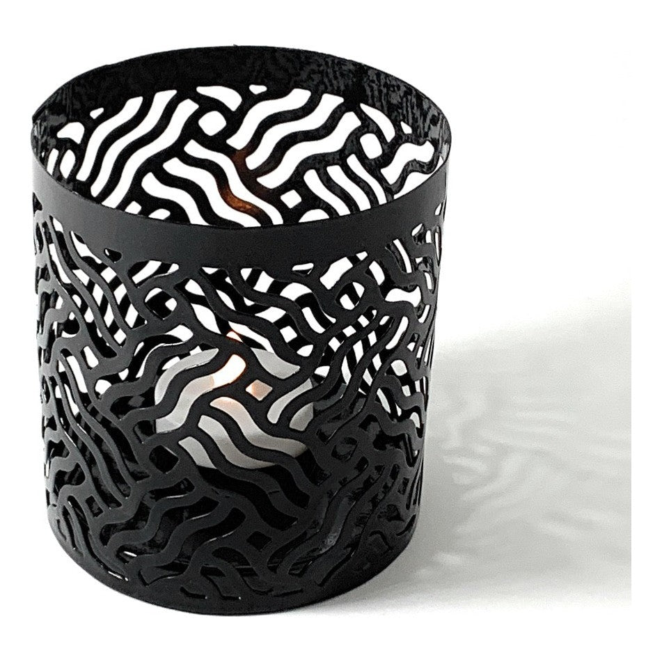 Vibhsa votive candle holders set of 2 in black laser-cut metal with wavy pattern on Tampa Home & Garden Store