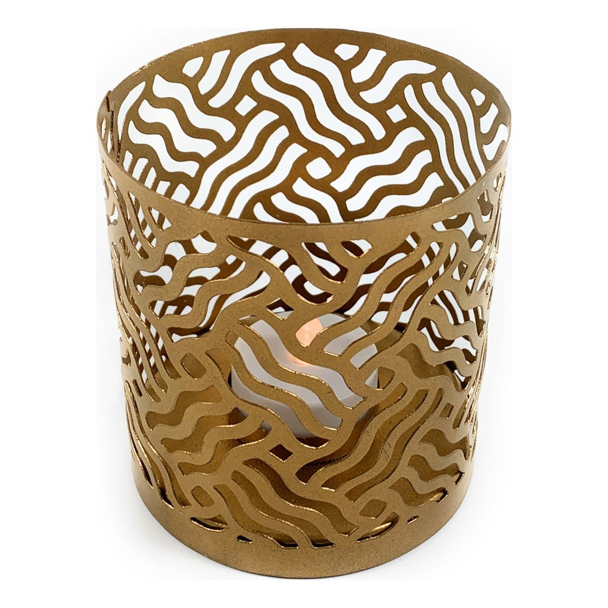 Vibhsa gold laser-cut votive candle holders set of 2 with intricate wavy cutouts on Tampa Home & Garden Store