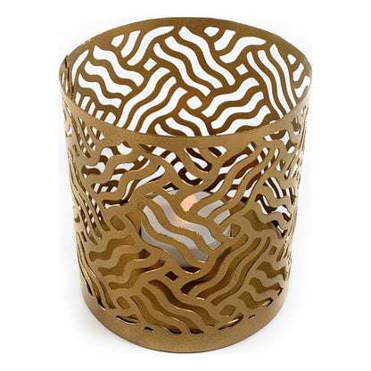 Vibhsa gold laser-cut votive candle holders set of 2 with intricate wavy cutouts on Tampa Home & Garden Store