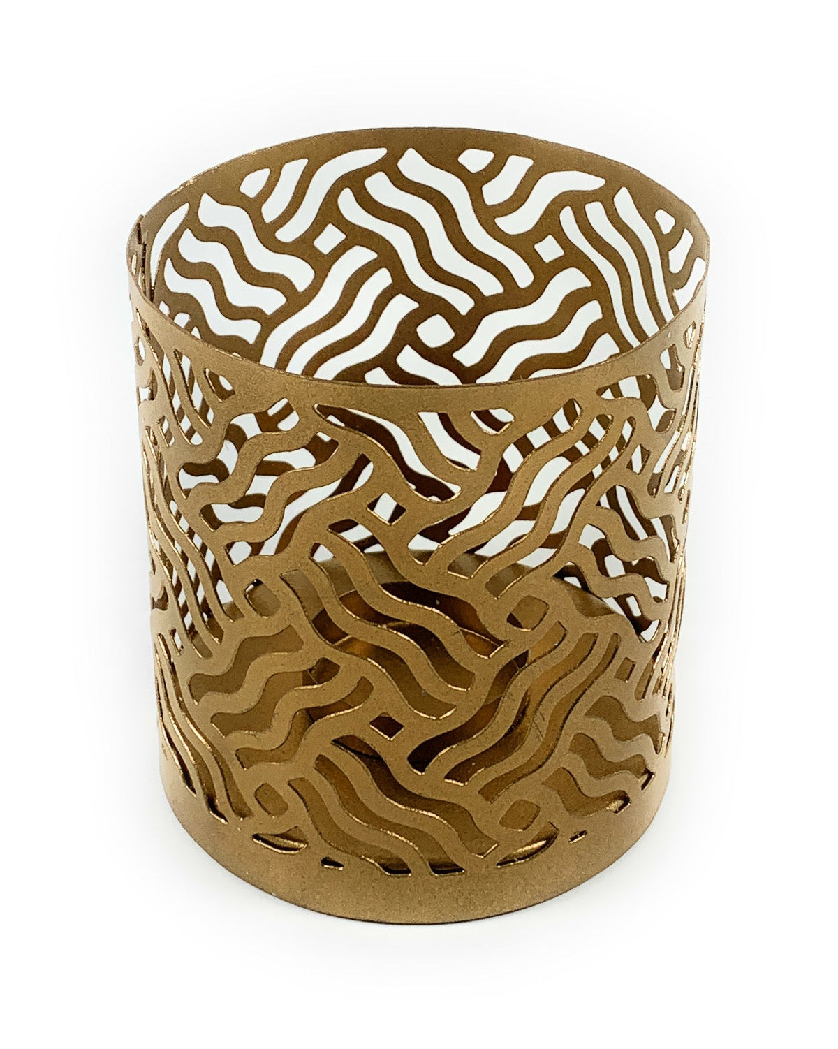 Vibhsa votive candle holder gold with laser-cut wavy pattern, cylindrical home decor on Tampa Home & Garden Store